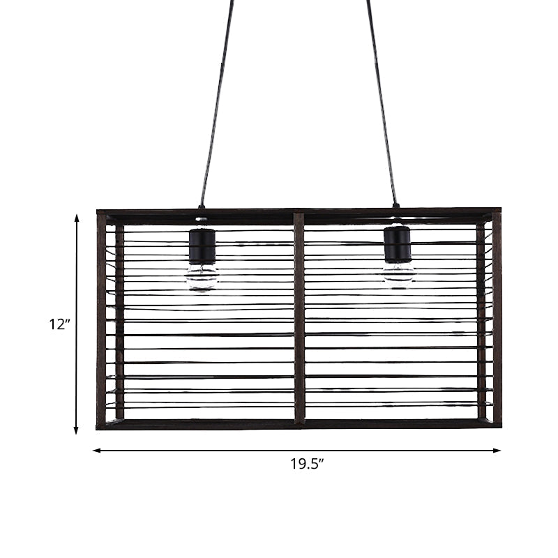 Modern Black Rectangle Cage Island Pendant Light - 16/19.5 W 2-Light Bamboo Suspension Lamp For