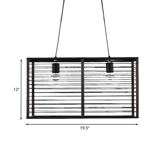 Modern Black Rectangle Cage Island Pendant Light - 16/19.5 W 2-Light Bamboo Suspension Lamp For