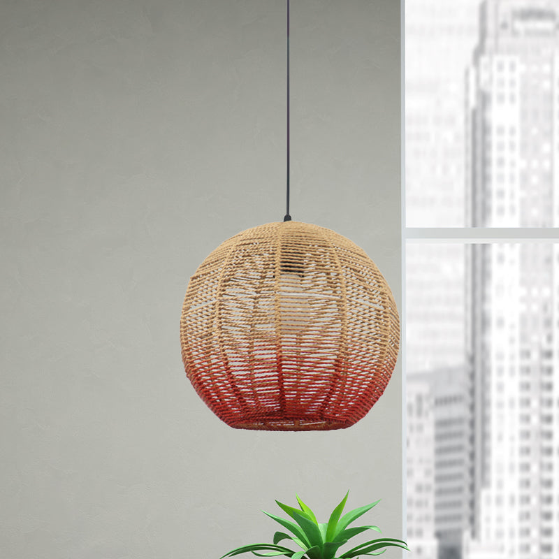 Chinese Straw Rope Pendant Lamp - Rustic Barrel Design With Red/Blue Hanging Light For Bedroom &