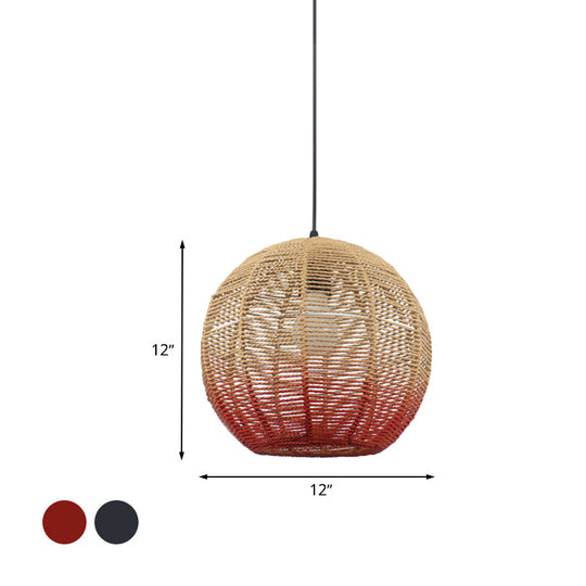 Chinese Straw Rope Pendant Lamp - Rustic Barrel Design With Red/Blue Hanging Light For Bedroom &