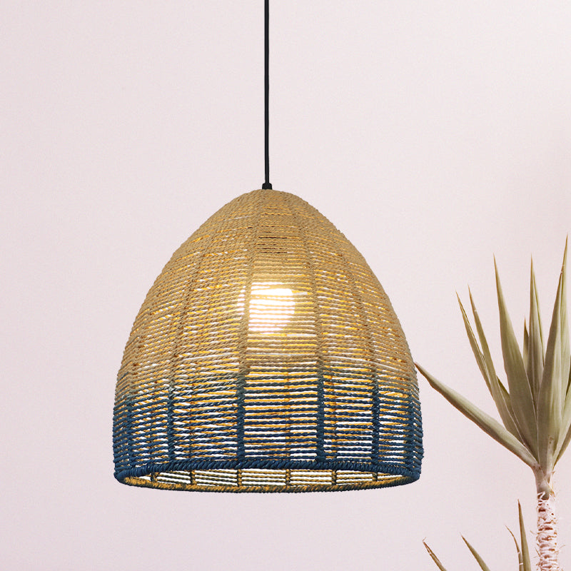 Chinese Straw Rope Pendant Lamp - Rustic Barrel Design With Red/Blue Hanging Light For Bedroom &