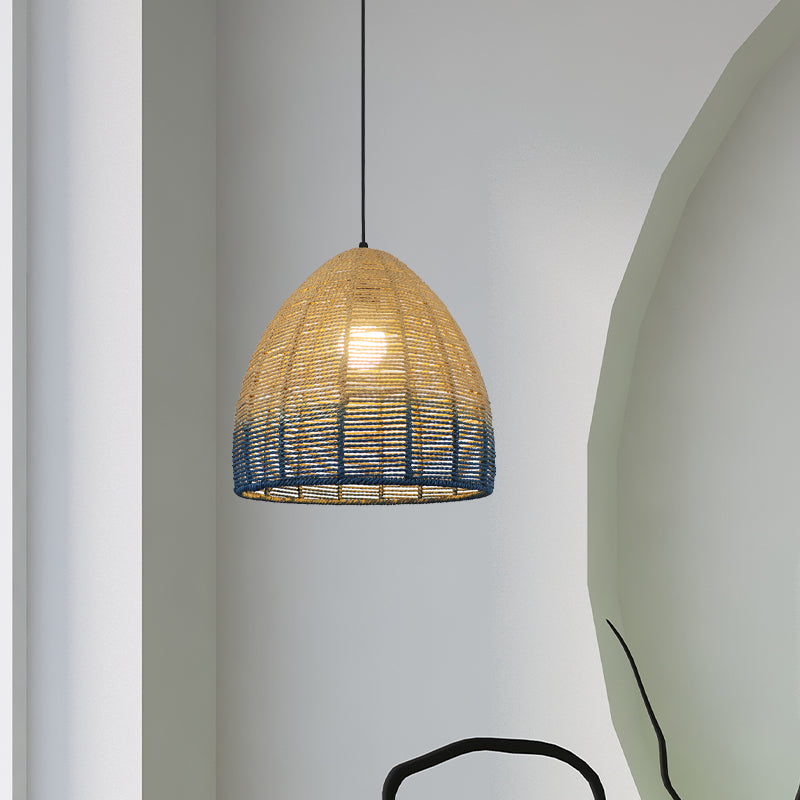 Chinese Straw Rope Pendant Lamp - Rustic Barrel Design With Red/Blue Hanging Light For Bedroom &