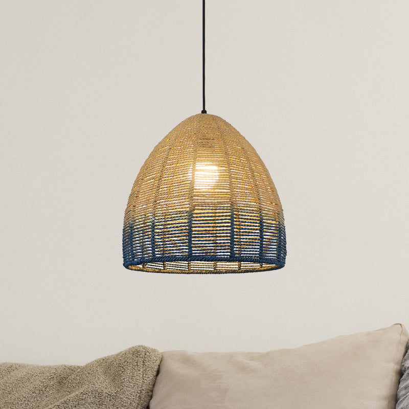 Chinese Straw Rope Pendant Lamp - Rustic Barrel Design With Red/Blue Hanging Light For Bedroom &