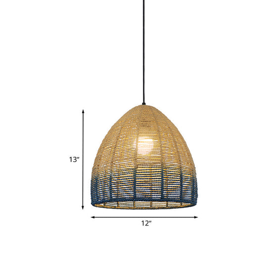 Chinese Straw Rope Pendant Lamp - Rustic Barrel Design With Red/Blue Hanging Light For Bedroom &