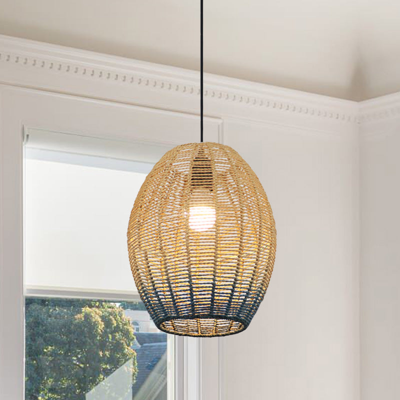 Chinese Straw Rope Pendant Lamp - Rustic Barrel Design With Red/Blue Hanging Light For Bedroom &