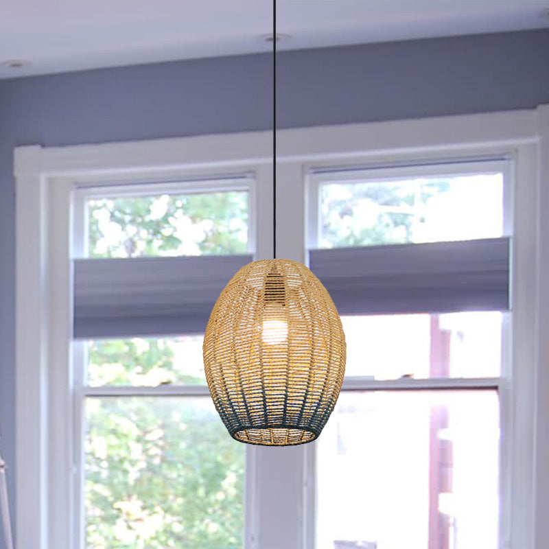 Chinese Straw Rope Pendant Lamp - Rustic Barrel Design With Red/Blue Hanging Light For Bedroom &