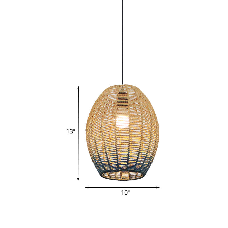 Chinese Straw Rope Pendant Lamp - Rustic Barrel Design With Red/Blue Hanging Light For Bedroom &