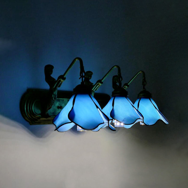 Mermaid-Inspired 3-Head Flower Wall Sconce With Pink/Blue Glass Light Fixture Blue