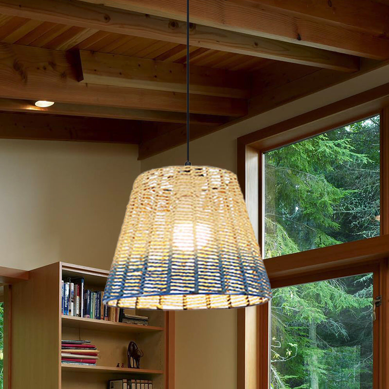 Chinese Straw Rope Pendant Lamp - Rustic Barrel Design With Red/Blue Hanging Light For Bedroom &