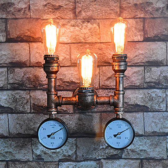 Industrial Style Wall Lamp With Bronzed Metal Finish - 3 Lights Open Bulb Gauge/Valve Decoration