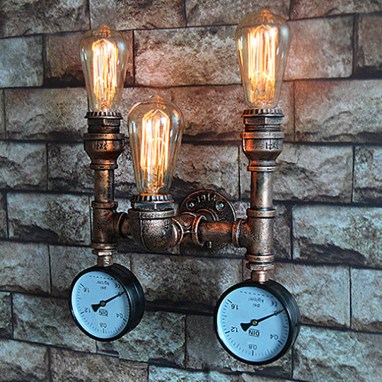 Industrial Style Wall Lamp With Bronzed Metal Finish - 3 Lights Open Bulb Gauge/Valve Decoration