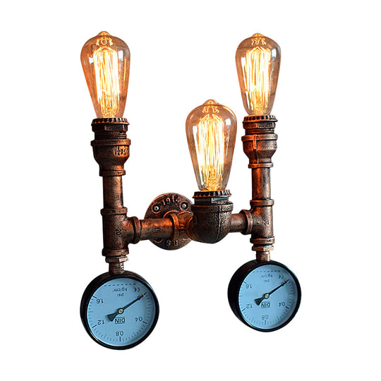 Industrial Style Wall Lamp With Bronzed Metal Finish - 3 Lights Open Bulb Gauge/Valve Decoration