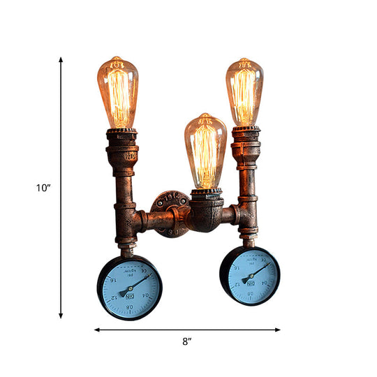 Industrial Style Wall Lamp With Bronzed Metal Finish - 3 Lights Open Bulb Gauge/Valve Decoration