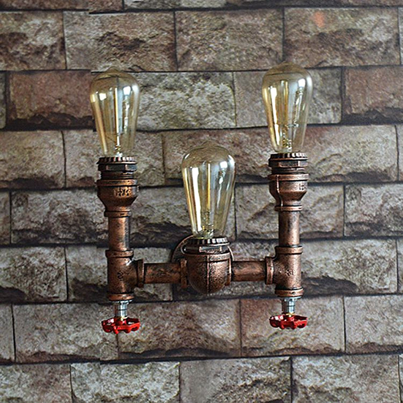 Industrial Style Wall Lamp With Bronzed Metal Finish - 3 Lights Open Bulb Gauge/Valve Decoration