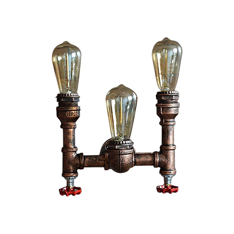 Industrial Style Wall Lamp With Bronzed Metal Finish - 3 Lights Open Bulb Gauge/Valve Decoration