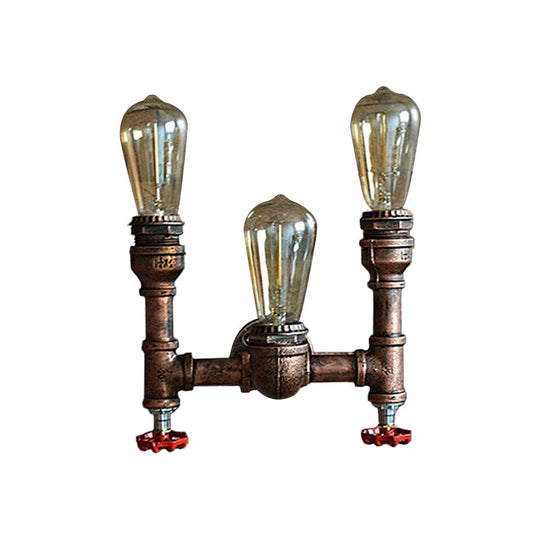 Industrial Style Wall Lamp With Bronzed Metal Finish - 3 Lights Open Bulb Gauge/Valve Decoration