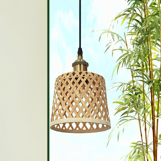 Modern Bamboo Pendant Lamp With Handcrafted Barrel/Dome Shade Beige Ideal For Coffee Shop