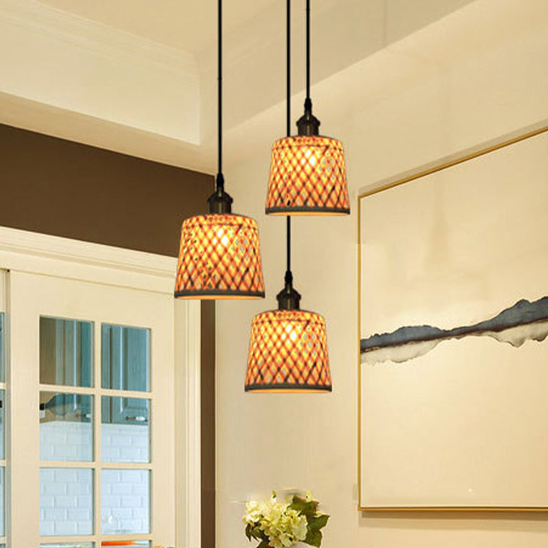 Modern Bamboo Pendant Lamp With Handcrafted Barrel/Dome Shade Beige Ideal For Coffee Shop