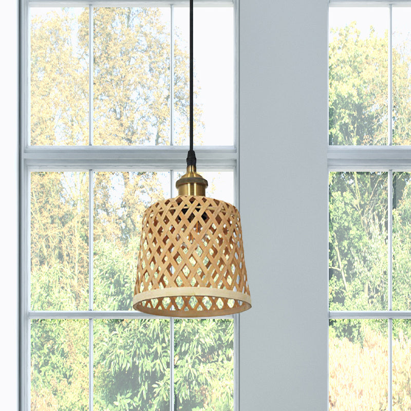 Modern Bamboo Pendant Lamp With Handcrafted Barrel/Dome Shade Beige Ideal For Coffee Shop