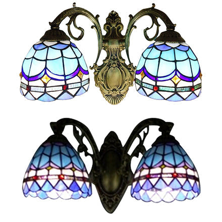 Blue Baroque Stained Glass Dome Sconce Light With Curved Arm - 2 Wall Fixture For Bedroom