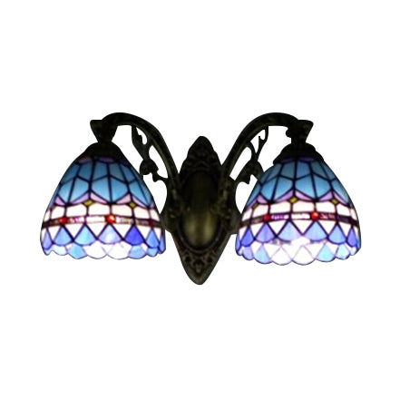 Blue Baroque Stained Glass Dome Sconce Light With Curved Arm - 2 Wall Fixture For Bedroom