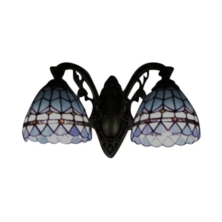 Blue Baroque Stained Glass Dome Sconce Light With Curved Arm - 2 Wall Fixture For Bedroom