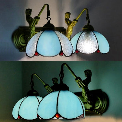 Blue Glass Sconce Light With Mermaid Backplate - 2-Head Petal Wall Mount Mediterranean Style