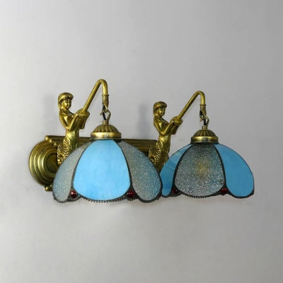 Blue Glass Sconce Light With Mermaid Backplate - 2-Head Petal Wall Mount Mediterranean Style