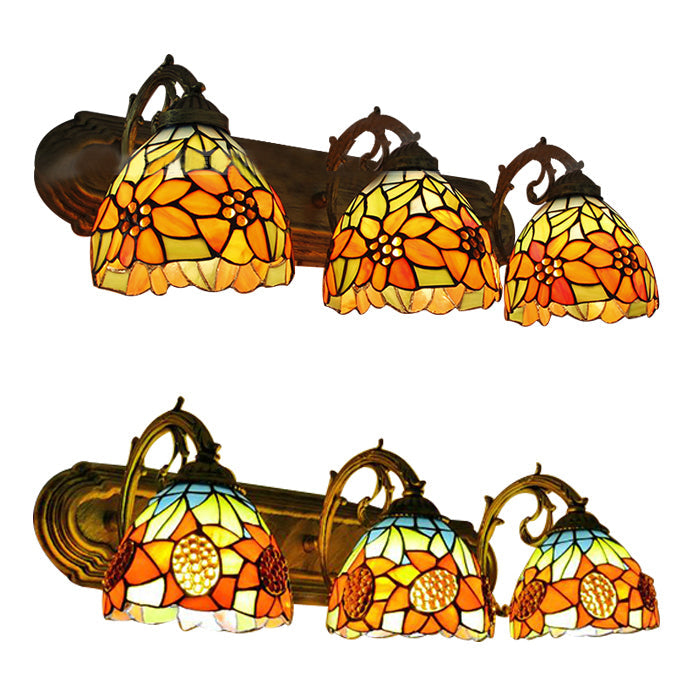 3-H Header Orange Vanity Wall Lighting Lodge Tiffany Stained Glass With Yellow Flower/Sunflower