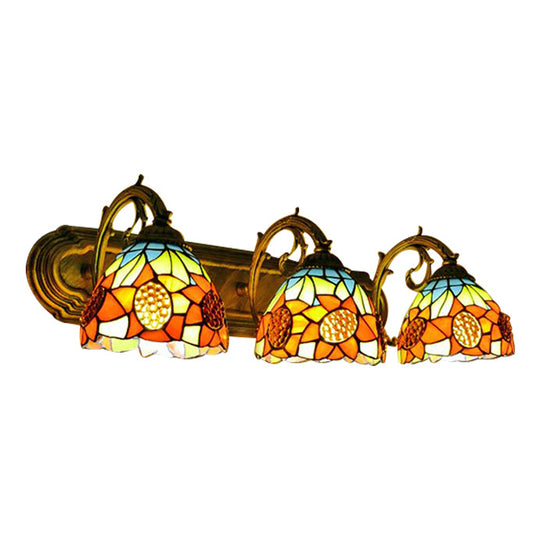 3-H Header Orange Vanity Wall Lighting Lodge Tiffany Stained Glass With Yellow Flower/Sunflower