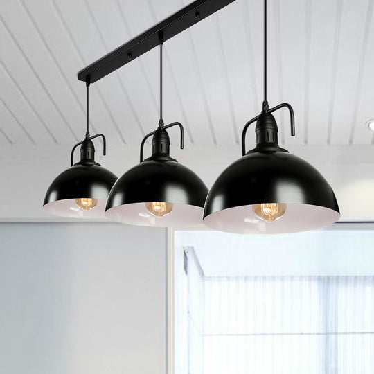 Dome Pendant Light - Loft Style Black Metal Ceiling Fixture with Linear/Round Canopy and Handle - 3 Lights