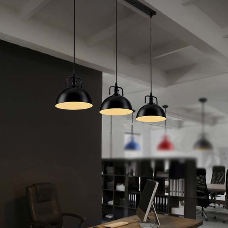 Dome Pendant Light - Loft Style Black Metal Ceiling Fixture with Linear/Round Canopy and Handle - 3 Lights