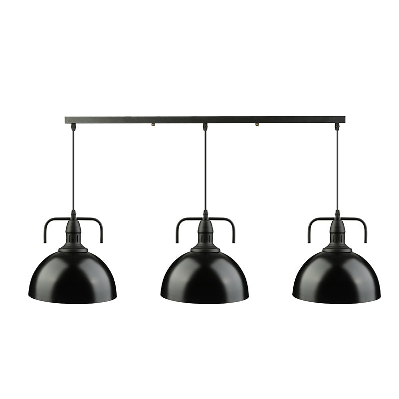 Dome Pendant Light - Loft Style Black Metal Ceiling Fixture with Linear/Round Canopy and Handle - 3 Lights