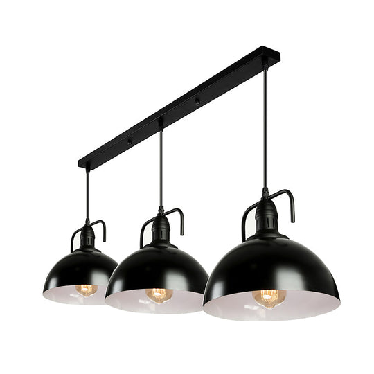 Dome Pendant Light - Loft Style Black Metal Ceiling Fixture with Linear/Round Canopy and Handle - 3 Lights