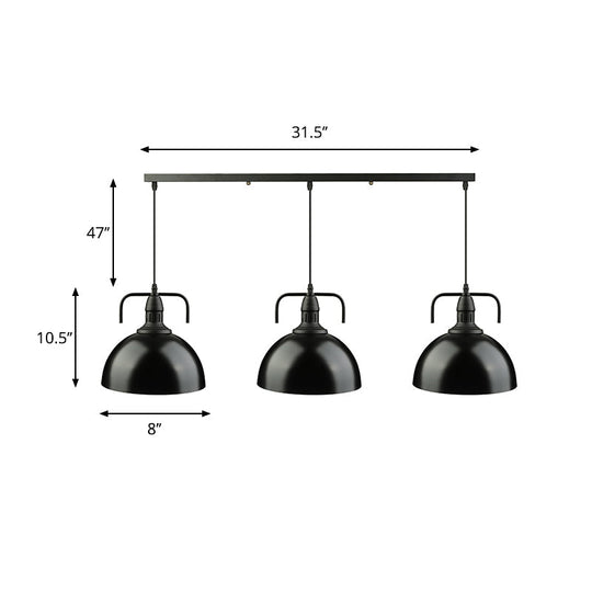 Dome Pendant Light - Loft Style Black Metal Ceiling Fixture with Linear/Round Canopy and Handle - 3 Lights