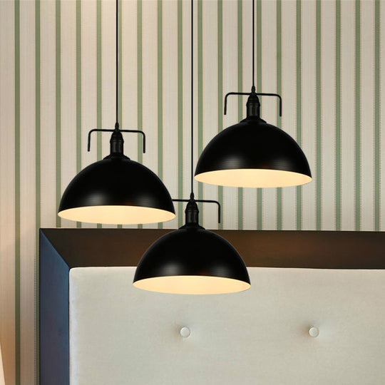 Dome Pendant Light - Loft Style Black Metal Ceiling Fixture with Linear/Round Canopy and Handle - 3 Lights