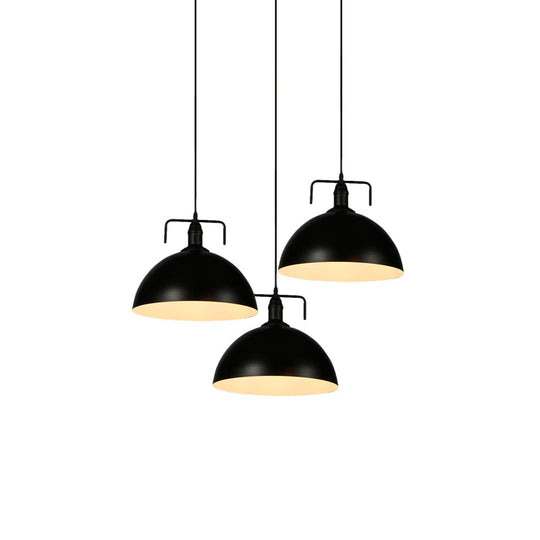 Dome Pendant Light - Loft Style Black Metal Ceiling Fixture with Linear/Round Canopy and Handle - 3 Lights