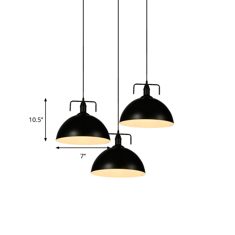 Dome Pendant Light - Loft Style Black Metal Ceiling Fixture with Linear/Round Canopy and Handle - 3 Lights