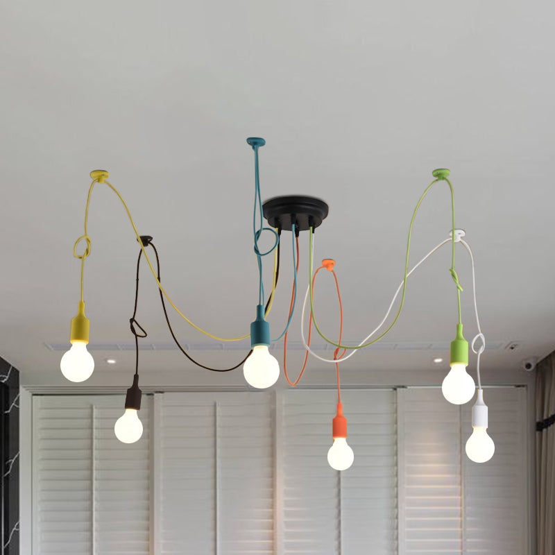 Industrial Style Swag Pendant Lighting Fixture With 6 Multi Colored Metal Lights Ideal For