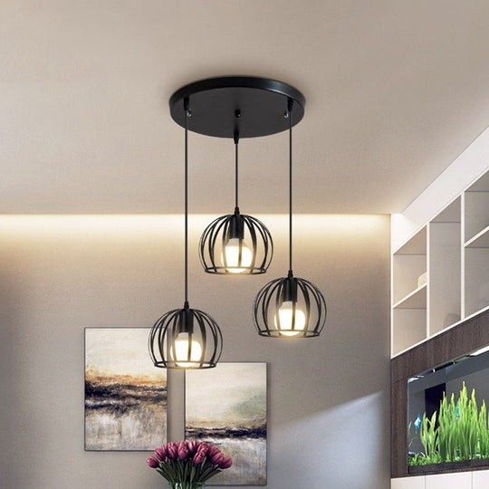 Retro Loft Pendant Lighting With Cage Shade - Dining Room Ceiling Fixture In Black / Round