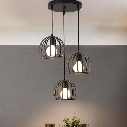 Retro Loft Dome Pendant Light with Cage Shade - Black, 3 Bulbs - Dining Room Ceiling Fixture