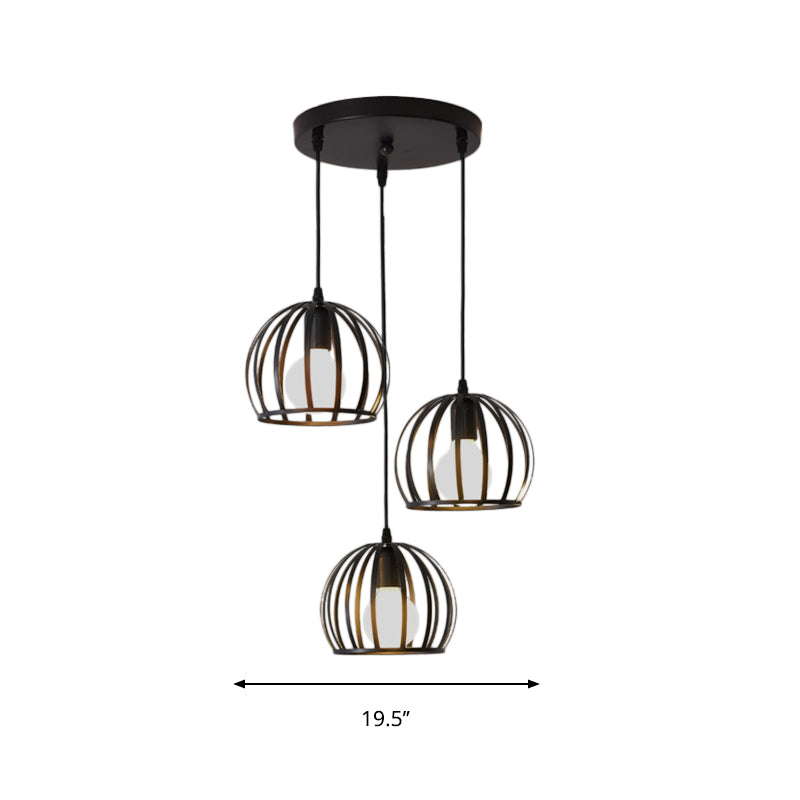 Retro Loft Dome Pendant Light with Cage Shade - Black, 3 Bulbs - Dining Room Ceiling Fixture