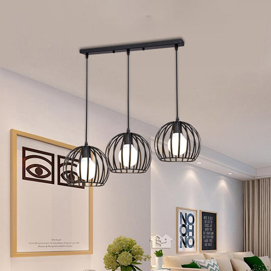 Retro Loft Dome Pendant Light with Cage Shade - Black, 3 Bulbs - Dining Room Ceiling Fixture