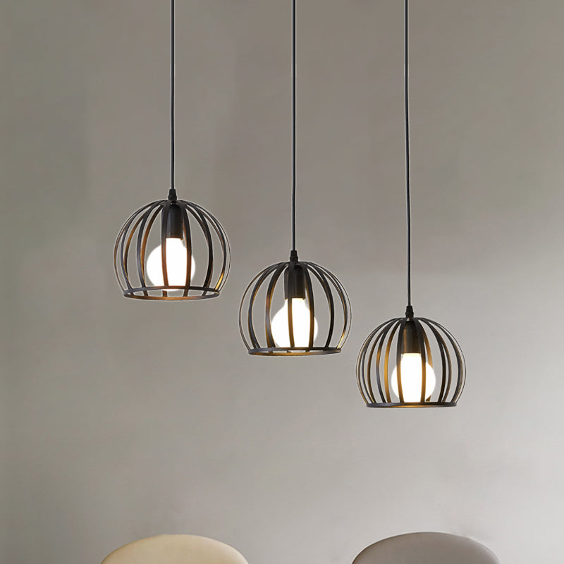 Retro Loft Dome Pendant Light with Cage Shade - Black, 3 Bulbs - Dining Room Ceiling Fixture