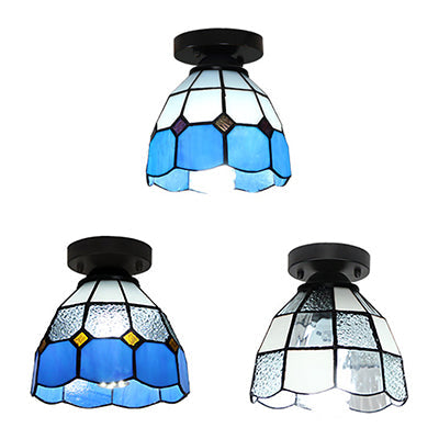 Tiffany Style Stained Glass Dome Ceiling Light For Corridor - White/Blue/Clear Shade Flush Mount