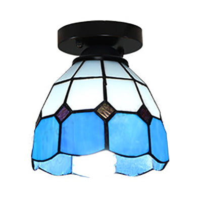 Tiffany Style Stained Glass Dome Ceiling Light For Corridor - White/Blue/Clear Shade Flush Mount