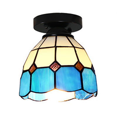 Tiffany Style Stained Glass Dome Ceiling Light For Corridor - White/Blue/Clear Shade Flush Mount