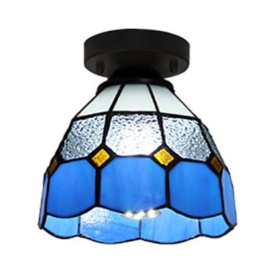 Tiffany Style Stained Glass Dome Ceiling Light For Corridor - White/Blue/Clear Shade Flush Mount