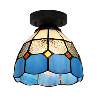 Tiffany Style Stained Glass Dome Ceiling Light For Corridor - White/Blue/Clear Shade Flush Mount