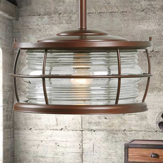 Retro Style Ribbed Glass Semi Mount Lighting with Drum Shade in Copper Finish - 1 Bulb for Dining Room Lamping